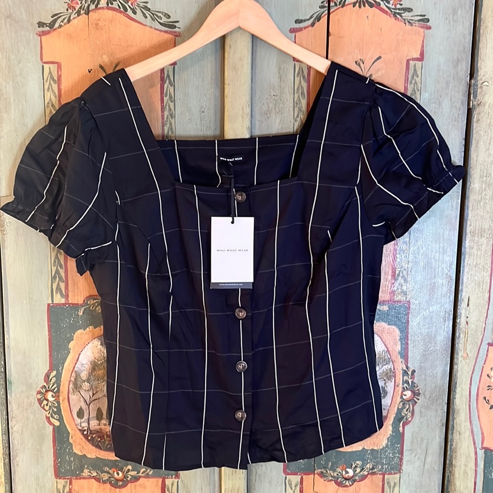 NWT Who What Wear Minimalist Black Plaid button front Top XL